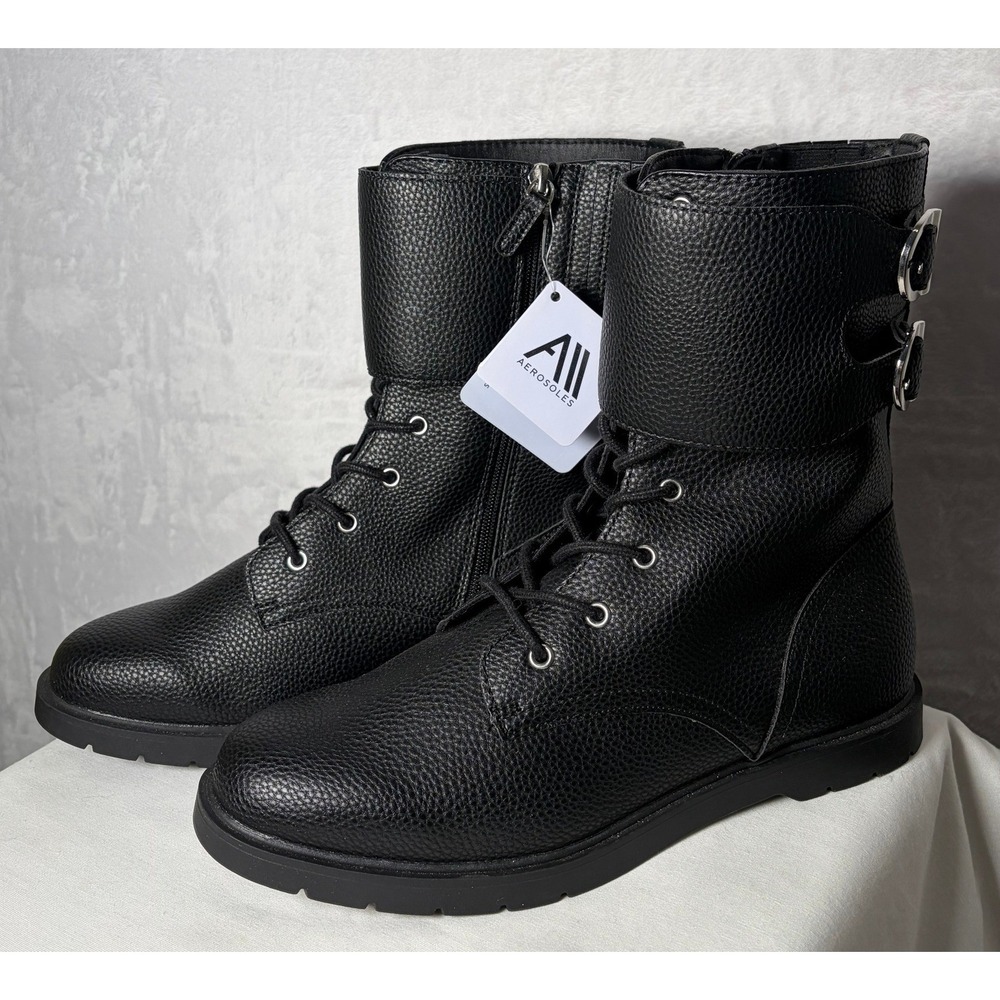 Aerosoles Baleen Black Pebbled Lace Up Combat Boots Womens Grunge 11 W Wide NEW